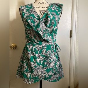 Japna Green Floral Print Deep V-Neck Wrap Sleeveless Blouse #W